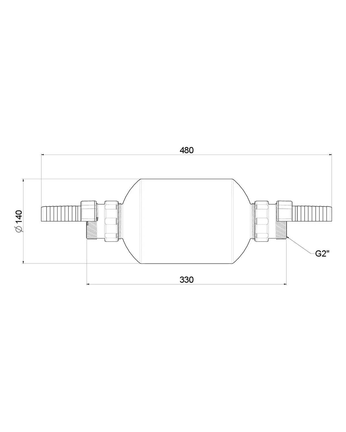 Maßzeichnung OASE Secure Flow 3000: 480 mm lang, Ø 140 mm, Gewinde G 2″
