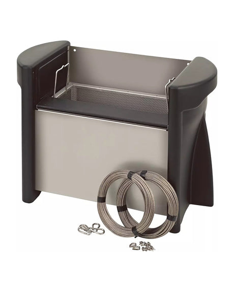 OASE Skimmer 250 Eco mit Schwimmkörpern und Edelstahlkorb, davor Seile und Karabiner zur Befestigung