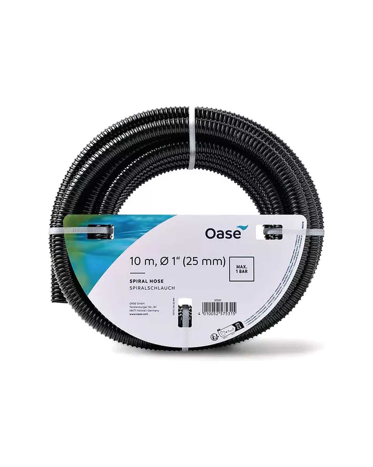 OASE Spiralschlauch schwarz 10 m, 1″ (25 mm), Rolle mit OASE-Etikett „MAX. 1 BAR“