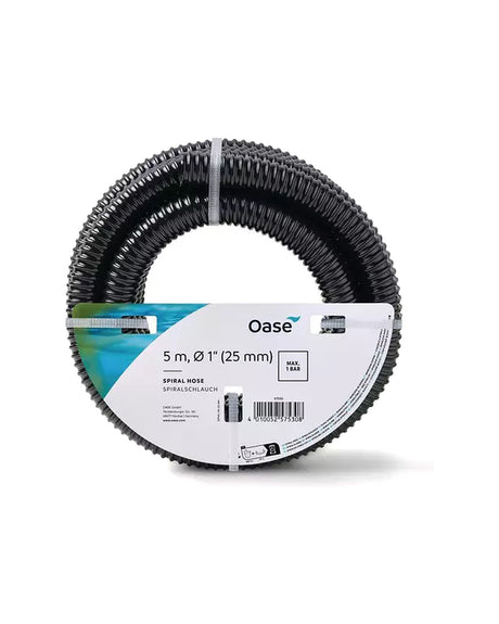 OASE Spiralschlauch schwarz 5 m, 1″ (25 mm), Rolle mit OASE-Etikett „MAX. 1 BAR“
