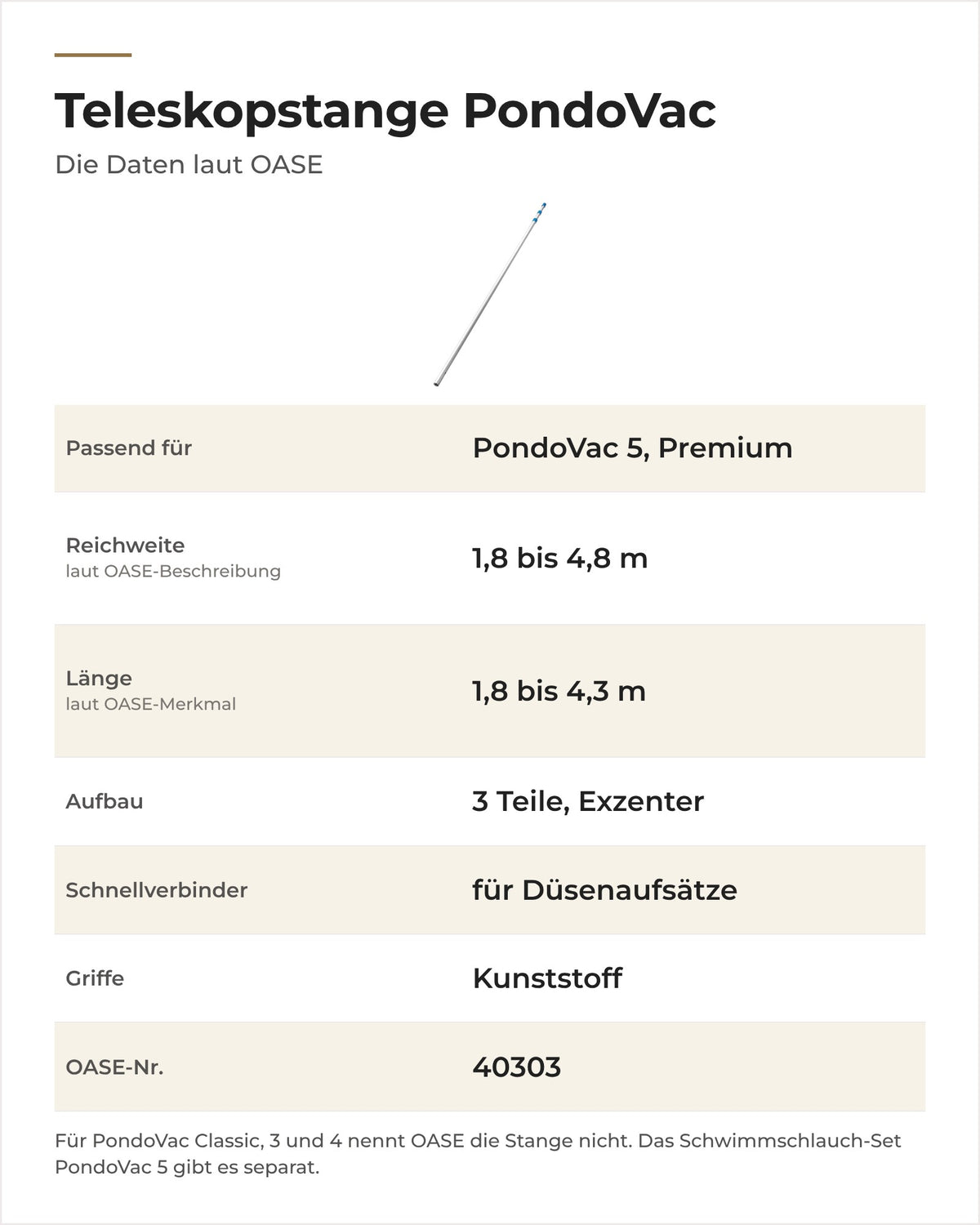 Daten OASE Teleskopstange PondoVac: passende Geräte, Reichweite, Länge, Aufbau, Schnellverbinder und Griffe