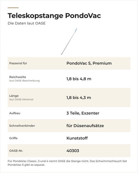Daten OASE Teleskopstange PondoVac: passende Geräte, Reichweite, Länge, Aufbau, Schnellverbinder und Griffe