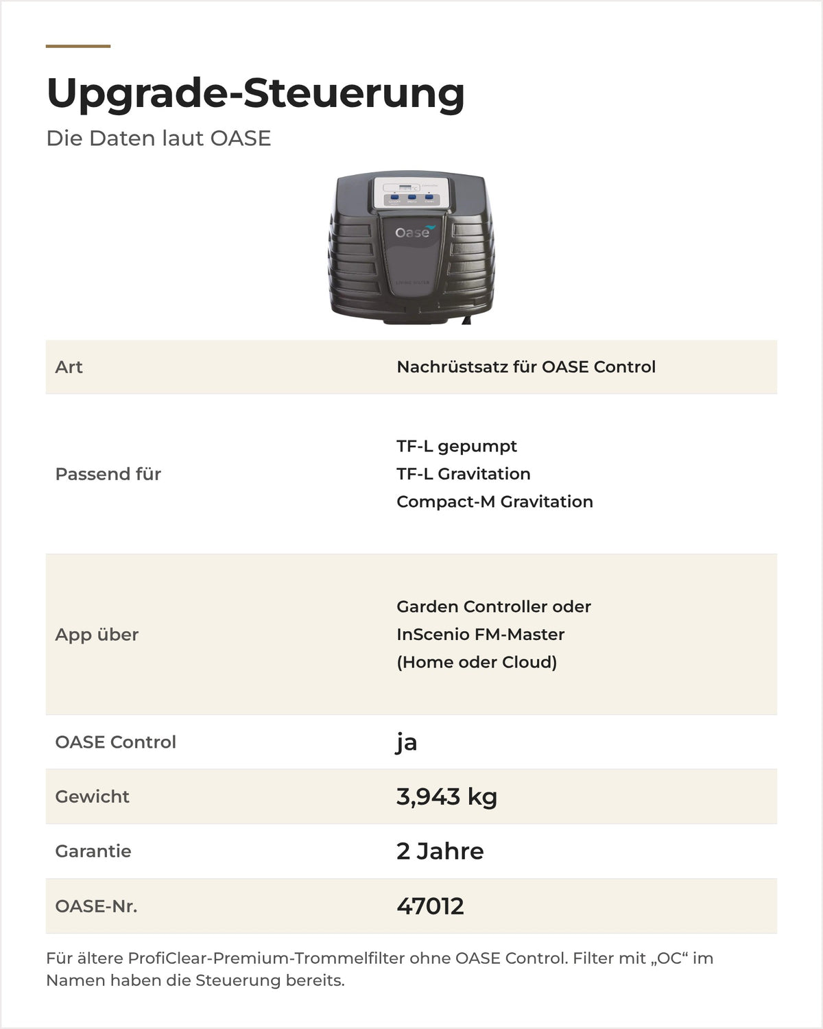 Daten OASE Upgrade-Steuerung ProfiClear Premium OC: passende Trommelfilter, App, Gewicht, Garantie