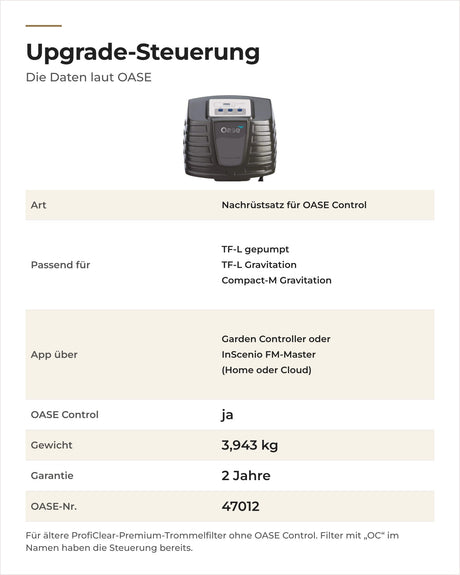 Daten OASE Upgrade-Steuerung ProfiClear Premium OC: passende Trommelfilter, App, Gewicht, Garantie