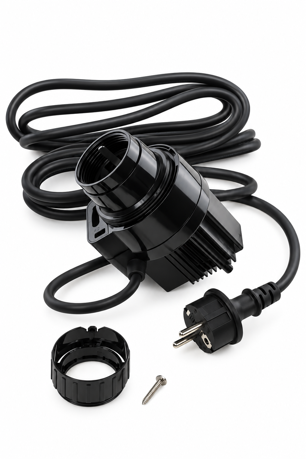 Original OASE UVC-Elektronikeinheit 15665 für ausgewählte BioPress-, BioSmart- und Vitronic-Geräte, schwarzes Elektronikgehäuse mit Anschlusskabel, Netzstecker, Überwurfmutter und Schraube auf weißem Hintergrund.