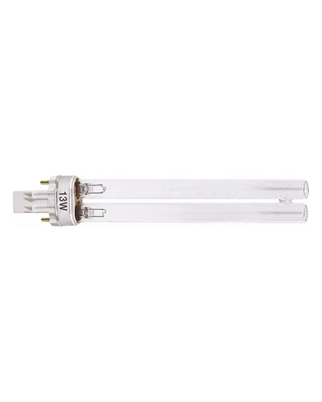 OASE UVC-Ersatzlampe 13 W von der Seite: Doppelröhre, grauer Sockel mit 2 Stiften, Aufdruck 13W