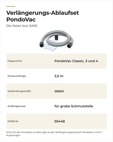 Daten OASE Verlängerungs-Ablaufset PondoVac: passende Geräte, Schlauchlänge, Muffe und Auffangbeutel