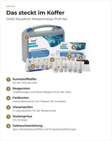 Inhalt des OASE Profi-Sets mit Nummern: Koffer, Reagenzien, Farbkarten, Glasampullen, Spritze, Anleitung