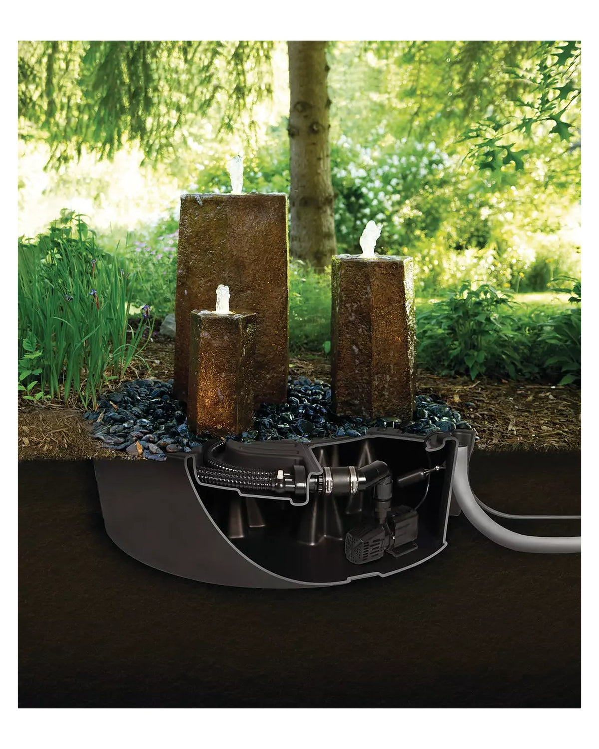 Einbaubeispiel als Schnittbild: Reservoir unter Kies mit Pumpe, darauf drei Quellsäulen