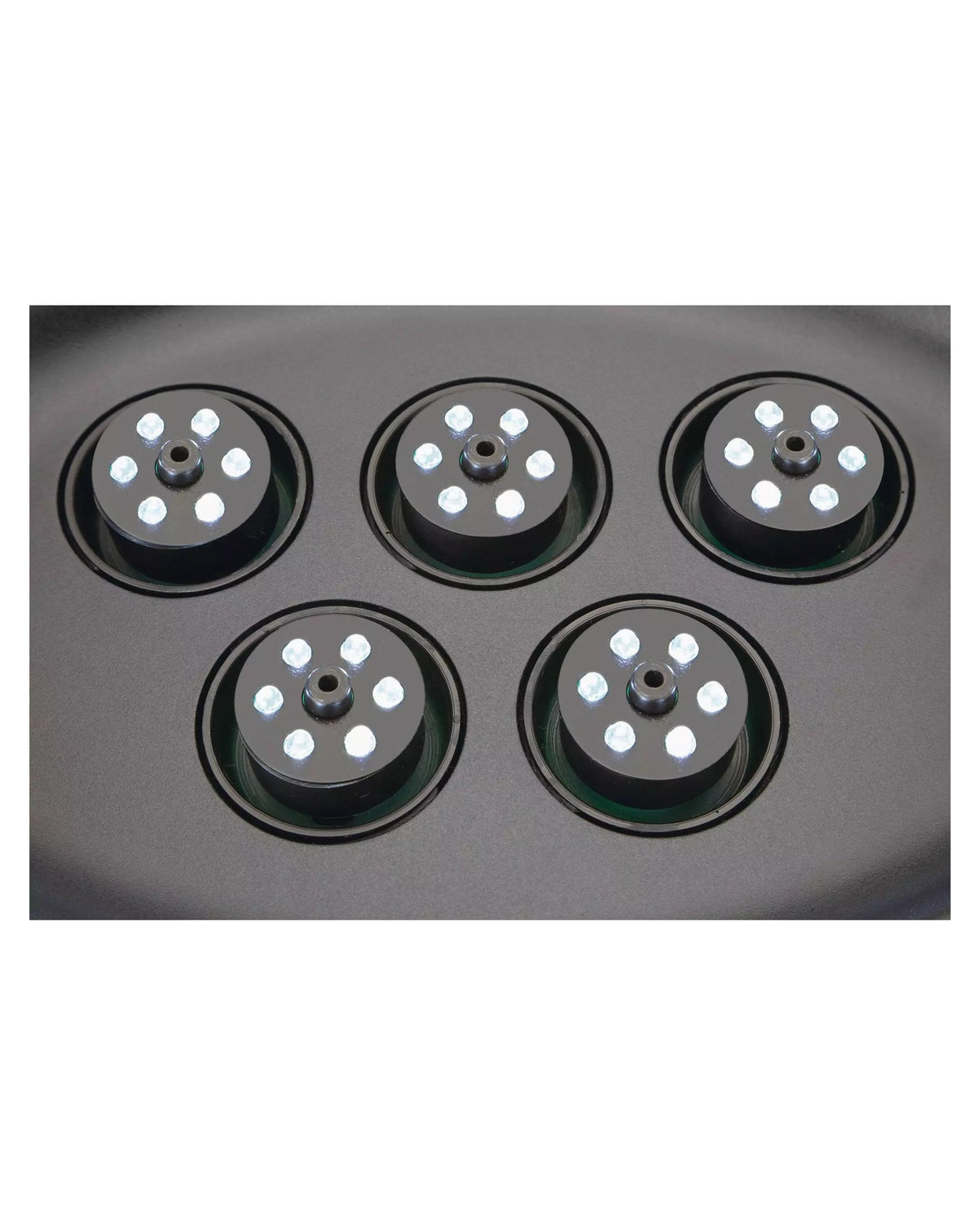 Fünf Düsen des OASE Water Starlet, jede mit einem Leuchtring aus sechs LEDs