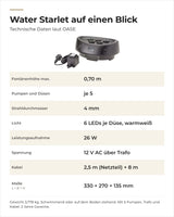 Technische Daten OASE Water Starlet: Fontänenhöhe, Düsen, Licht, Leistung, Spannung, Kabel und Maße