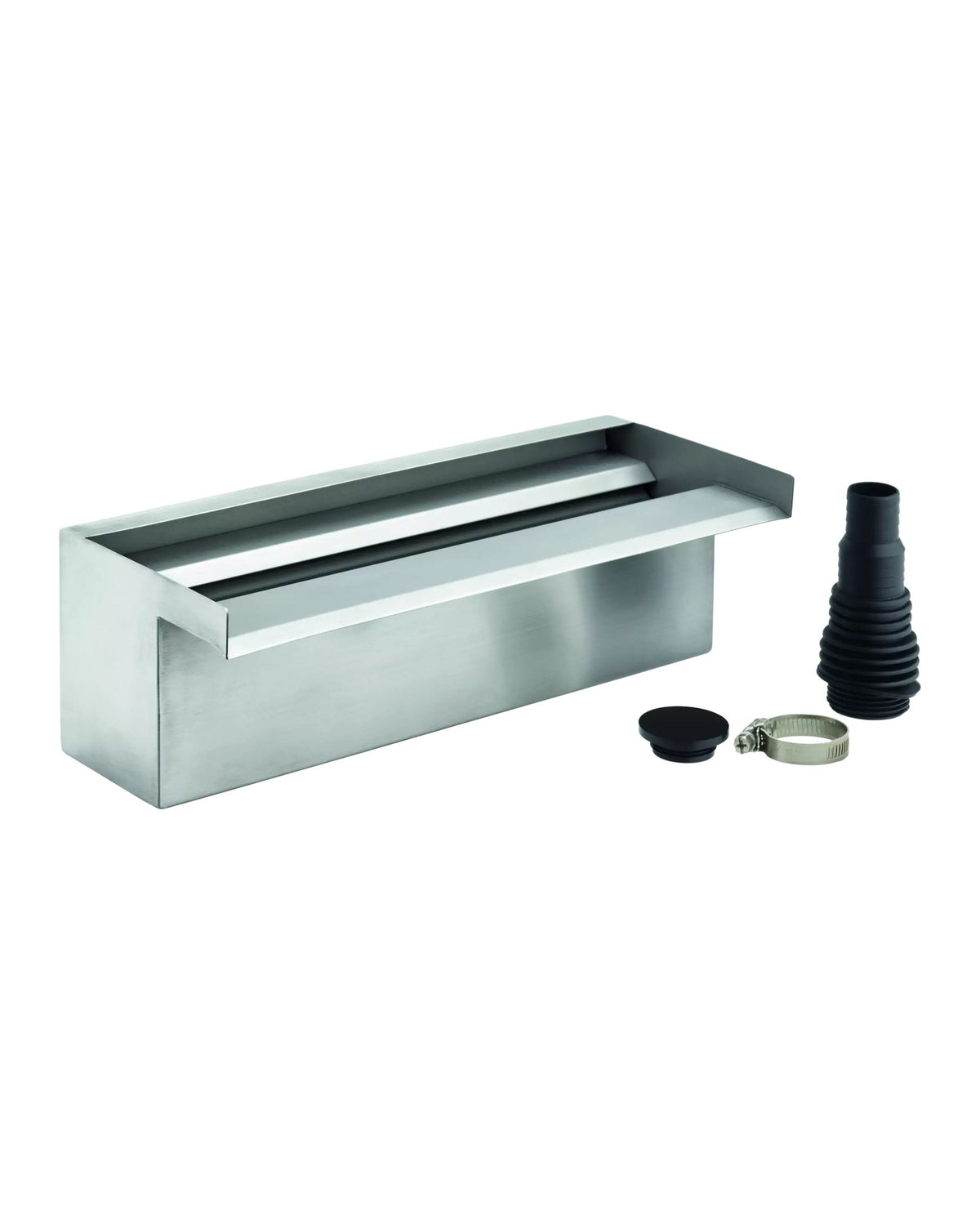 OASE Waterfall 30 aus Edelstahl mit Stufenschlauchtülle, flachem Stopfen und Schlauchschelle