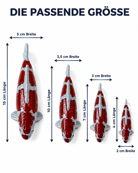 Größenvergleich einer handbemalten Koi-Figur in 15 cm, 10 cm, 7 cm und 4 cm mit Angabe der jeweiligen Länge und Breite