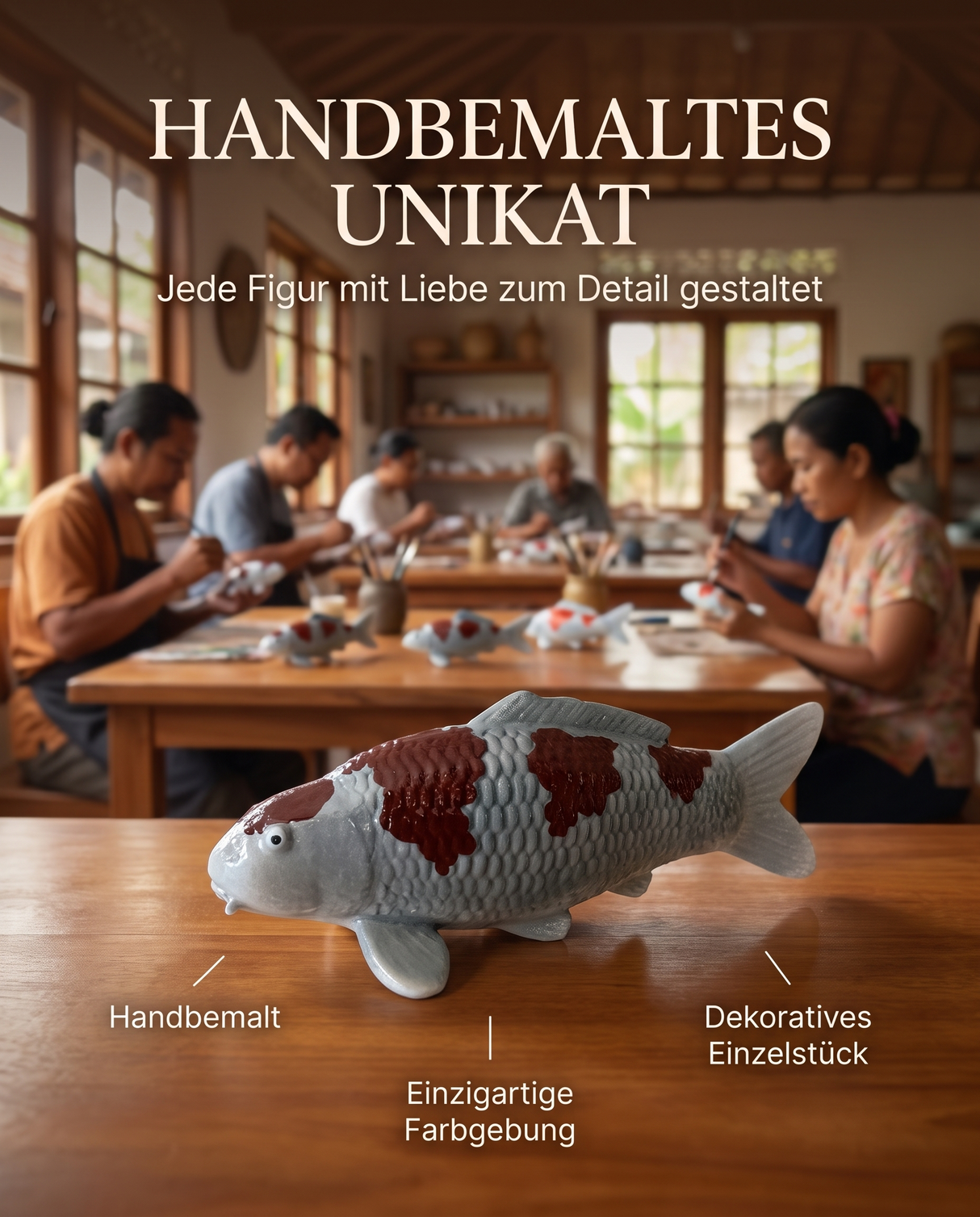 Handbemalte Ochiba Koi-Figur als einzigartiges Unikat – besondere Fischfigur mit individueller Farbgebung für Wohnbereich, Garten oder Teichbereich