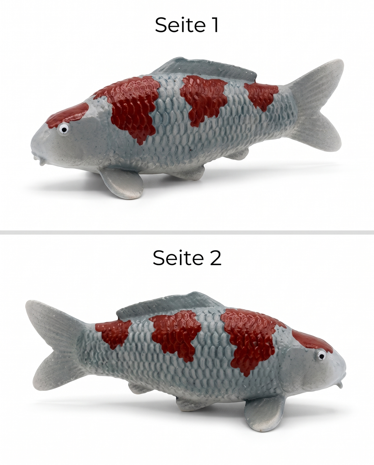 Handbemalte Ochiba Koi-Figur in zwei Seitenansichten – dekorative Fischfigur mit detailreicher Schuppenstruktur für Wohnbereich, Garten oder Teichbereich