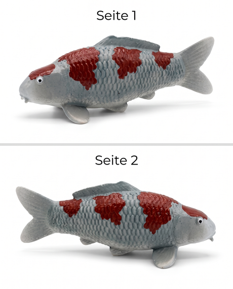 Handbemalte Ochiba Koi-Figur in zwei Seitenansichten – dekorative Fischfigur mit detailreicher Schuppenstruktur für Wohnbereich, Garten oder Teichbereich