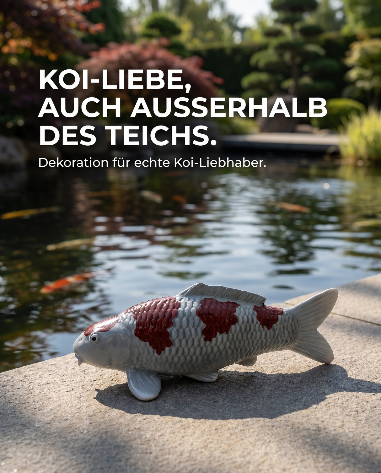 Handbemalte Ochiba Koi-Figur als besondere Teichdeko für Koi-Liebhaber – dekorative Fischfigur für Garten, Terrasse oder Teichbereich