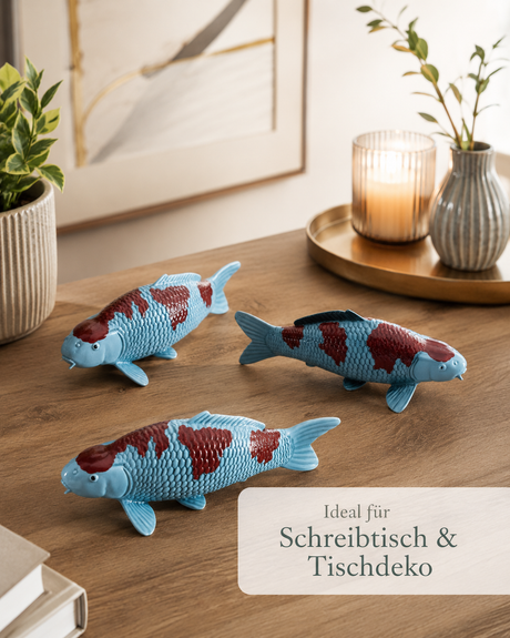 Handbemalte Ochiba Koi-Fischfigur in Braun und Blaugrau als dekorative Fisch Figur für Schreibtisch, Tisch oder Wohnbereich