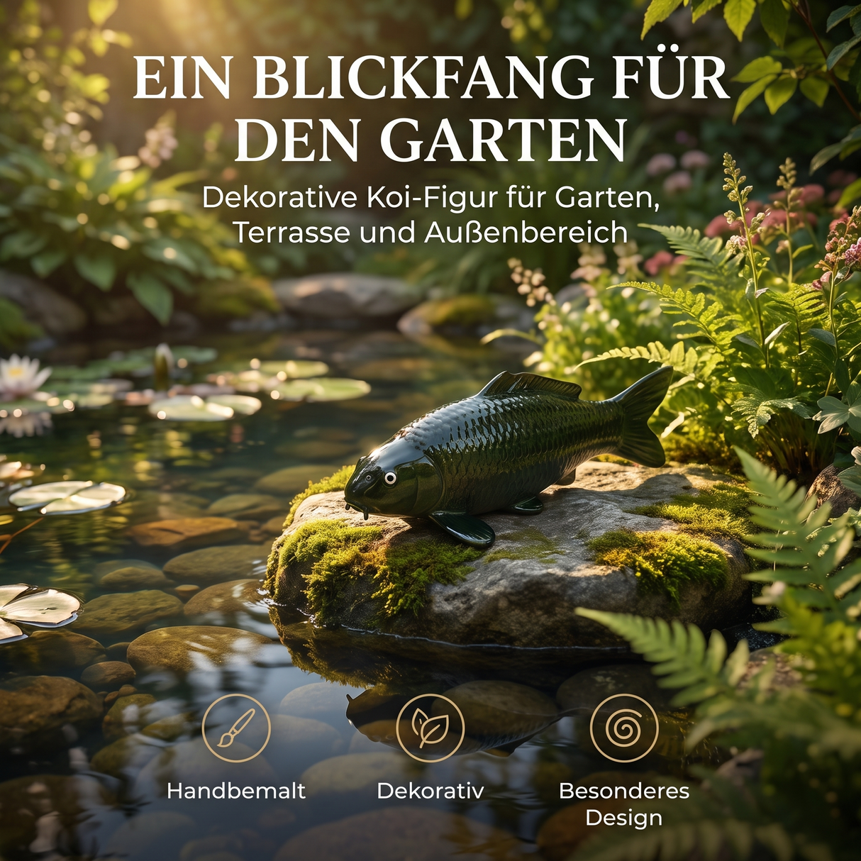 Handbemalte Olive-Chagoi Koi-Figur als besondere Gartendeko am Teichbereich – dekorative Karpfen-Figur für Garten, Terrasse und Außenbereich