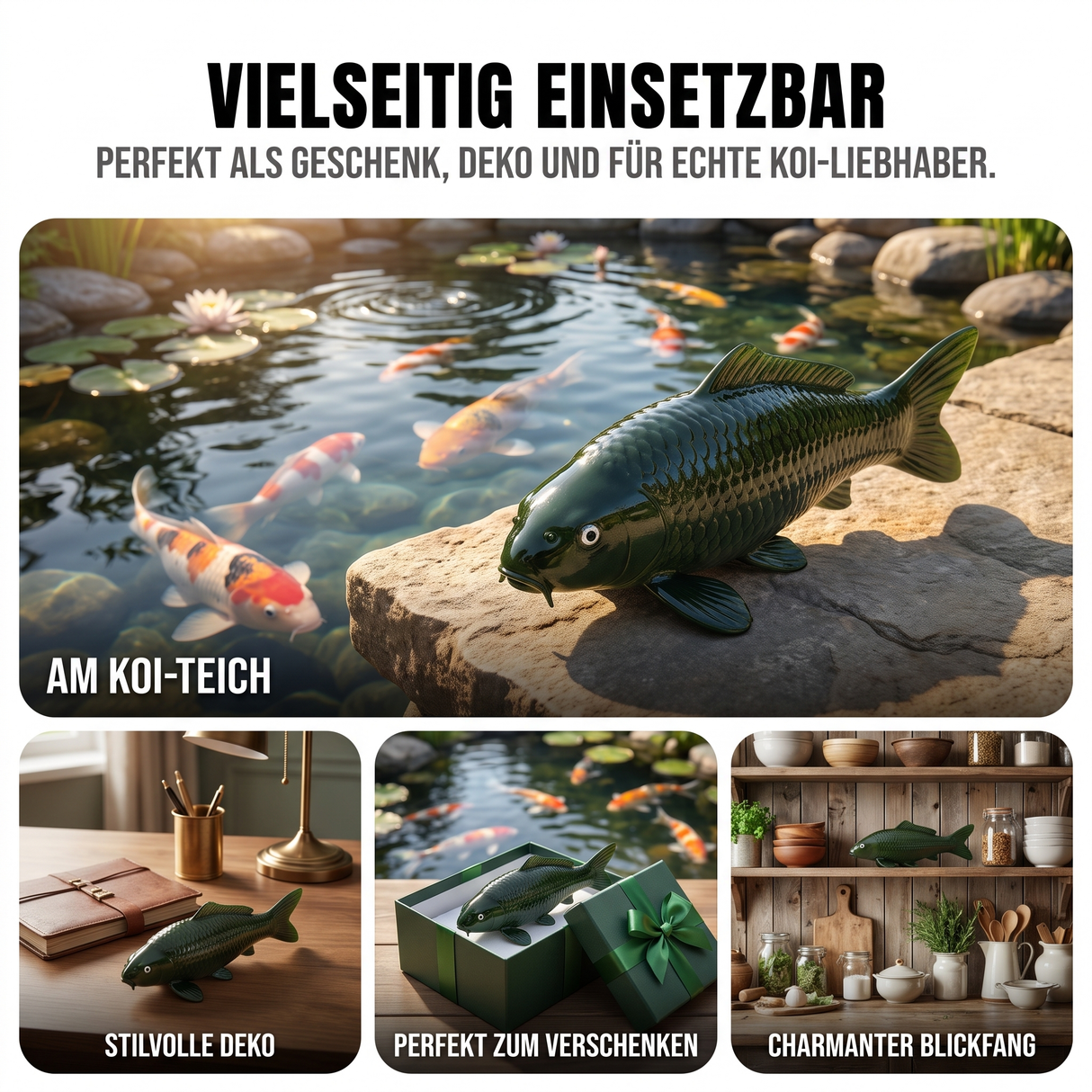 Olive-Chagoi Koi-Figur vielseitig als Teichschmuck, Zierfigur und Geschenkidee – dekorative Karpfen-Figur für Gartenteich, Schreibtisch, Regal und Wohnbereich