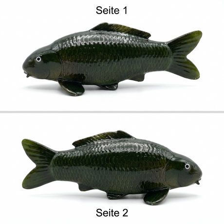 Handbemalte dunkelgrüne Olive-Chagoi Koi-Figur von beiden Seiten – dekorative Karpfen-Figur für Gartenteich, Terrasse, Wohnbereich oder Regal