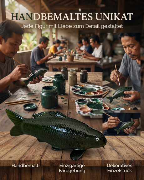 Farbgebung – dekoratives Unikat und besondere Fischfigur mit detailreicher Schuppenstruktur als Japan-Deko für Wohnbereich, Eingangsbereich, Terrasse, Garten oder Teichbereich