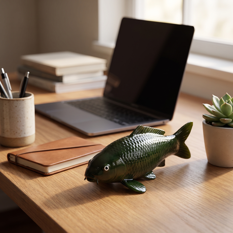 Dunkelgrüne Olive-Chagoi Koi-Figur als dekorative Fischfigur auf einem Schreibtisch – besondere Karpfen-Figur für Büro, Wohnbereich, Regal oder als Geschenkidee