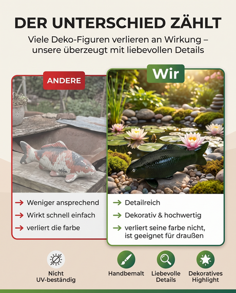 Vergleich einer Olive Chagoi Koi-Figur mit herkömmlicher Deko – handbemalte olivgrüne Fischfigur mit detailreicher Schuppenstruktur als besondere Japan-Deko für Garten, Terrasse und Teichbereich