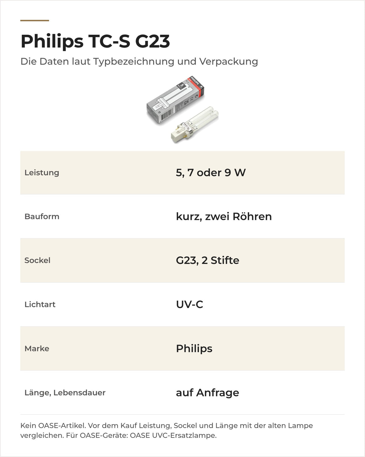 Daten Philips UVC-Lampe TC-S G23: Leistung 5, 7 oder 9 W, zwei Röhren, Sockel G23 mit 2 Stiften, UV-C, Philips