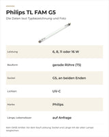 Daten Philips UVC-Lampe TL FAM G5: 6, 8, 11 oder 16 W, gerade T5-Röhre, G5-Sockel an beiden Enden