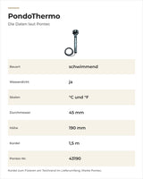 Daten Pontec PondoThermo: schwimmend, wasserdicht, Skalen °C und °F, 45 mm Ø, 190 mm hoch, 1,5 m Kordel