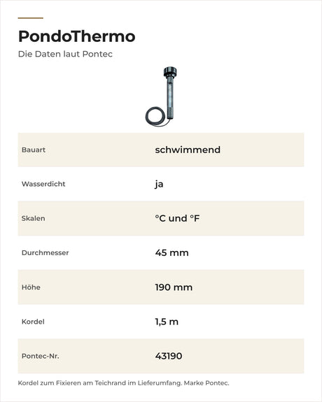 Daten Pontec PondoThermo: schwimmend, wasserdicht, Skalen °C und °F, 45 mm Ø, 190 mm hoch, 1,5 m Kordel