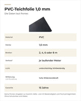 Daten Pontec PVC-Teichfolie 1,0 mm: Material, Stärke, Breiten, Verkauf je Meter und Garantie laut Pontec