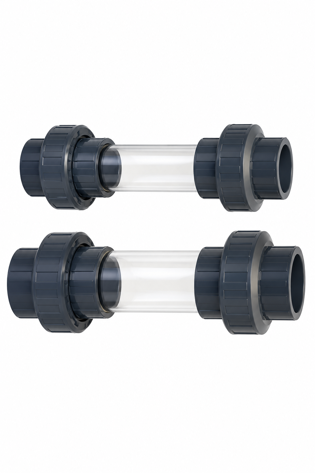 PVC-Schauglas 63 mm und 53 mm mit transparentem Sichtrohr und zwei dunkelgrauen PVC-Verschraubungen zur optischen Wasserkontrolle in Teichfilteranlagen