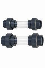 PVC-Schauglas 63 mm und 53 mm mit transparentem Sichtrohr und zwei dunkelgrauen PVC-Verschraubungen zur optischen Wasserkontrolle in Teichfilteranlagen