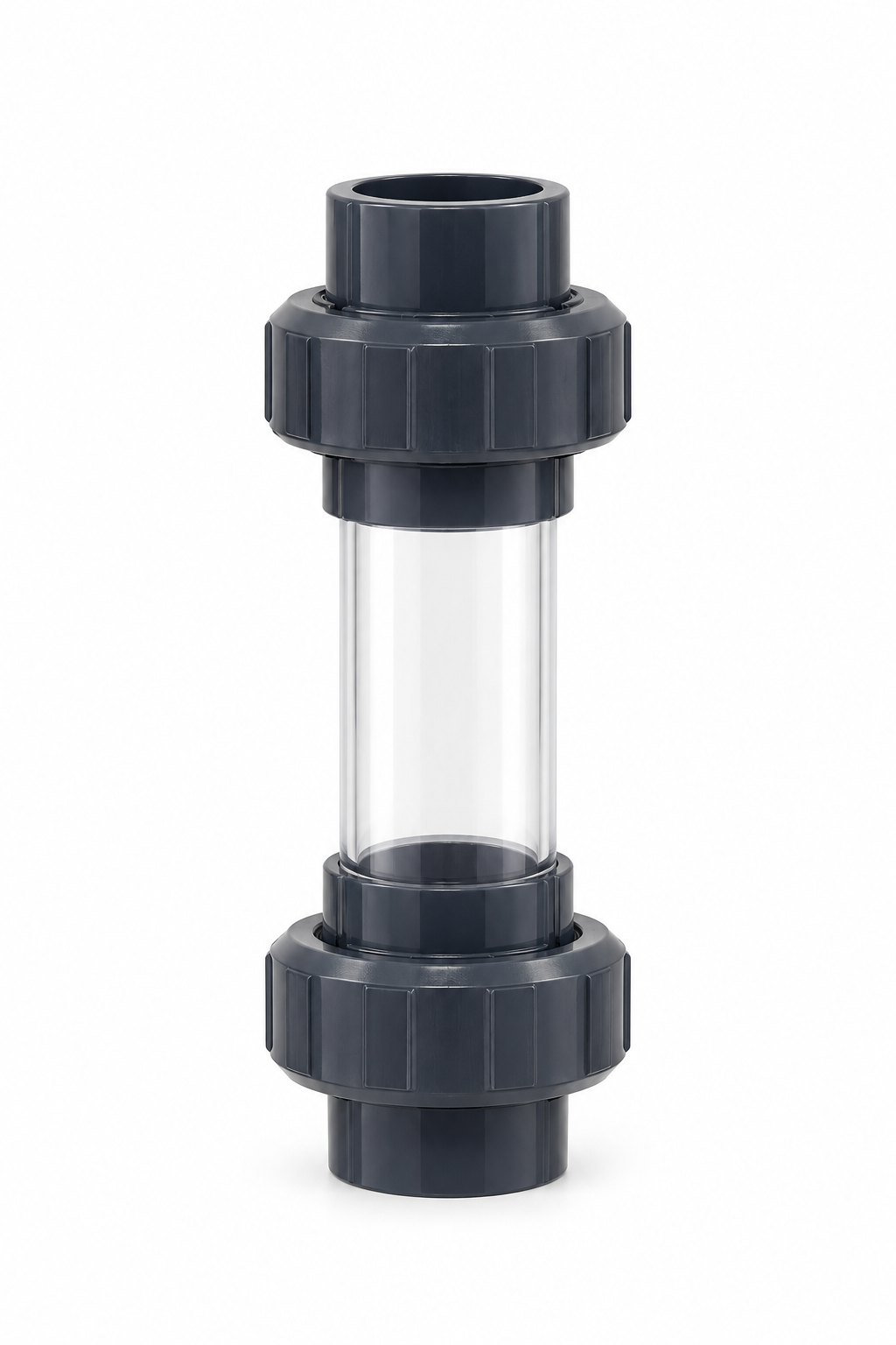PVC-Schauglas 50 mm mit transparentem Sichtrohr und zwei dunkelgrauen PVC-Verschraubungen zur Sichtkontrolle in Teich- und Filterleitungen