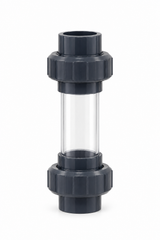 PVC-Schauglas 50 mm mit transparentem Sichtrohr und zwei dunkelgrauen PVC-Verschraubungen zur Sichtkontrolle in Teich- und Filterleitungen