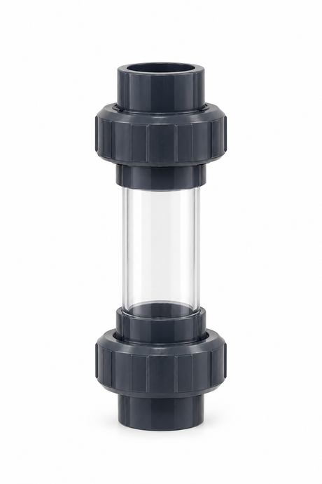PVC-Schauglas 50 mm mit transparentem Sichtrohr und zwei dunkelgrauen PVC-Verschraubungen zur Sichtkontrolle in Teich- und Filterleitungen