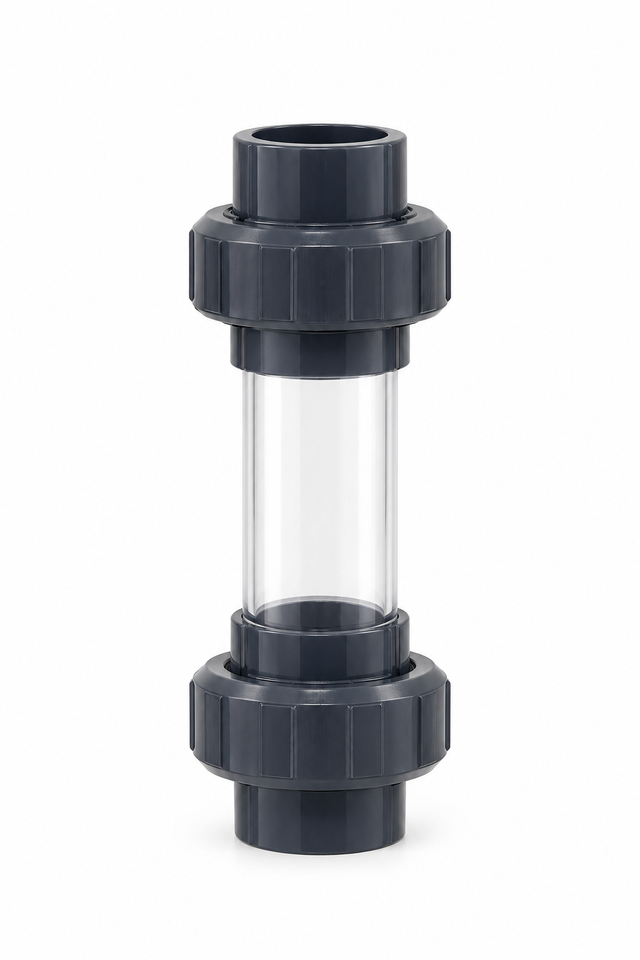 PVC-Schauglas 50 mm mit transparentem Sichtrohr und zwei dunkelgrauen PVC-Verschraubungen zur Sichtkontrolle in Teich- und Filterleitungen