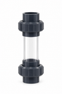 PVC-Schauglas 50 mm mit transparentem Sichtrohr und zwei dunkelgrauen PVC-Verschraubungen zur Sichtkontrolle in Teich- und Filterleitungen