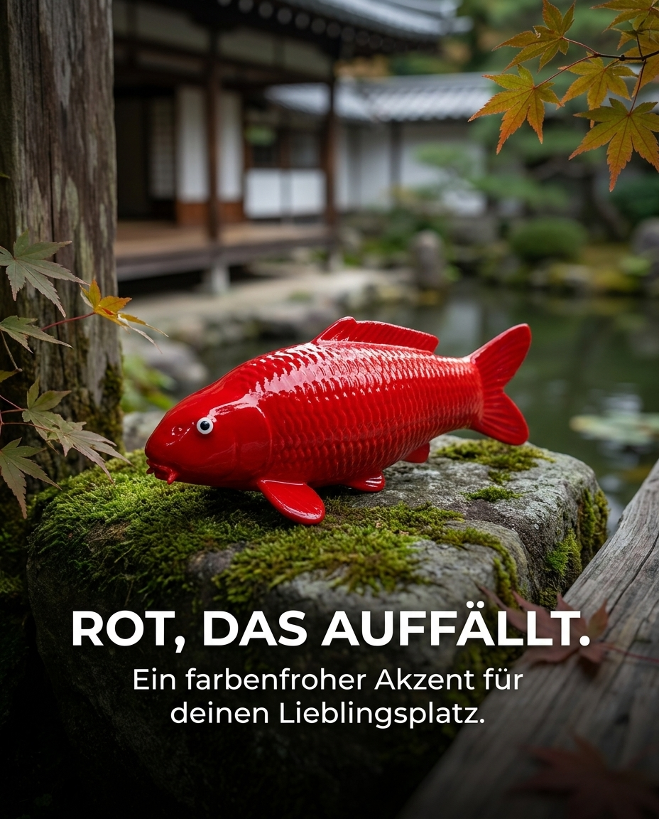 Auffällige rote Benigui Fischfigur als Japan-Deko und dekorativer Blickfang zwischen Steinen und Pflanzen im Garten