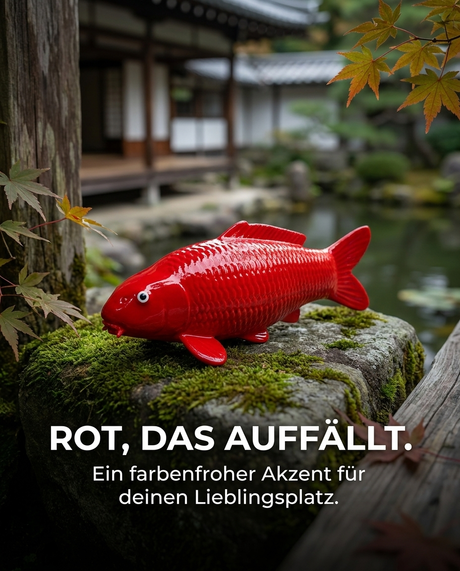 Auffällige rote Benigui Fischfigur als Japan-Deko und dekorativer Blickfang zwischen Steinen und Pflanzen im Garten