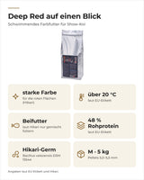 Saki-Hikari Deep Red auf einen Blick: starke Farbe, über 20 °C, laut Hikari Beifutter, 48 % Rohprotein