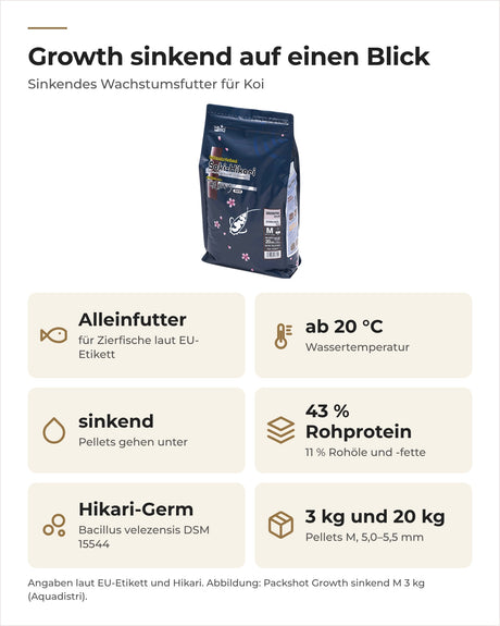 Saki-Hikari Growth sinkend auf einen Blick: Alleinfutter ab 20 °C, sinkend, 43 % Rohprotein, 3 und 20 kg