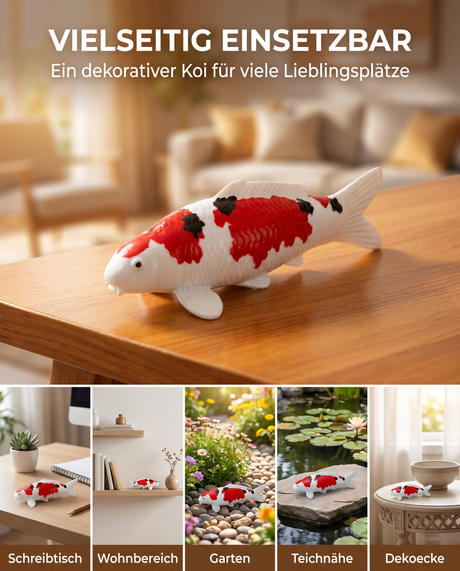 Handbemalte Sanke Koi-Figur in Rot, Schwarz und Weiß als vielseitige Dekoration für Schreibtisch, Wohnbereich, Garten, Teichnähe und Dekoecke