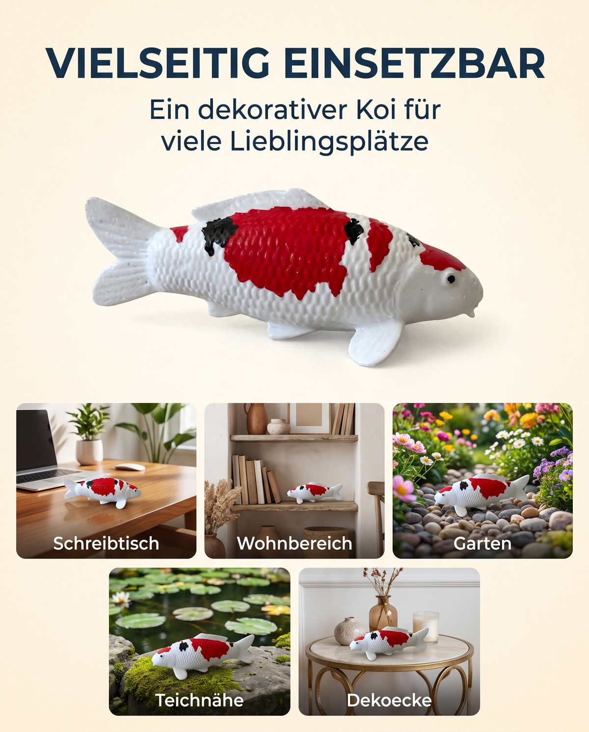 Handbemalte Sanke Koi-Figur in Rot, Schwarz und Weiß als vielseitige Dekoration für Schreibtisch, Wohnbereich, Garten und Teichnähe