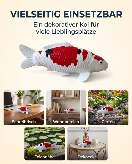 Handbemalte Sanke Koi-Figur in Rot, Schwarz und Weiß als vielseitige Dekoration für Schreibtisch, Wohnbereich, Garten und Teichnähe