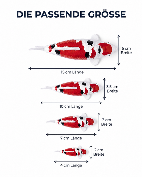 Größenübersicht der handbemalten Sanke Koi-Figur in 15 cm, 10 cm, 7 cm und 4 cm Länge