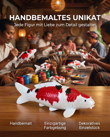 Handbemalte Sanke Koi-Fischfigur in Rot, Schwarz und Weiß als einzigartiges dekoratives Unikat