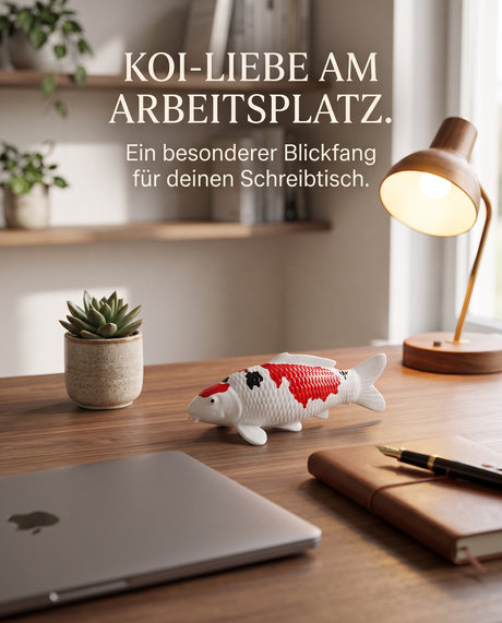 Handbemalte Sanke Koi-Figur in Rot, Schwarz und Weiß als dekorativer Blickfang auf einem Schreibtisch.